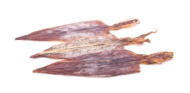 Beyaz arkaplanda kurumuş mürekkep balığı