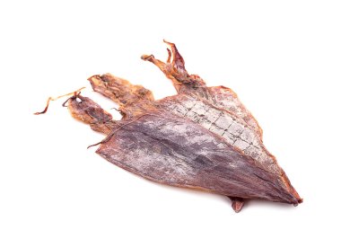 Beyaz arkaplanda kurumuş mürekkep balığı