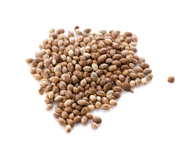 Heap of hemp seeds on white background