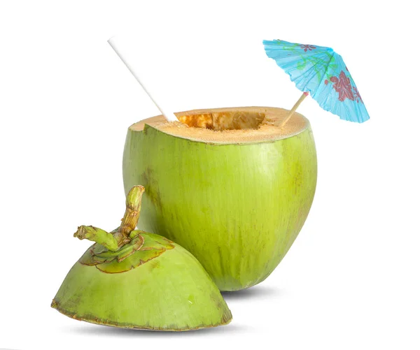 Woda kokosowa ze słomką izolowana na białym tle. Clippi. — Zdjęcie stockowe