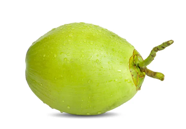 Zelený Kokos Kapkami Vody Izolované Bílém Pozadí — Stock fotografie