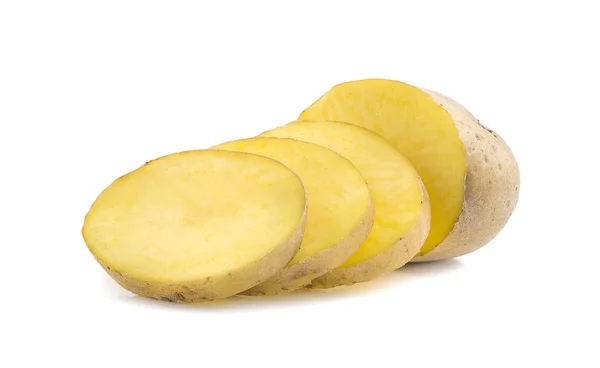 Batata fatiada um isolado no fundo branco — Fotografia de Stock