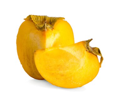Dilimle ve tüm Persimmon beyaz arkaplanda izole edilmiş