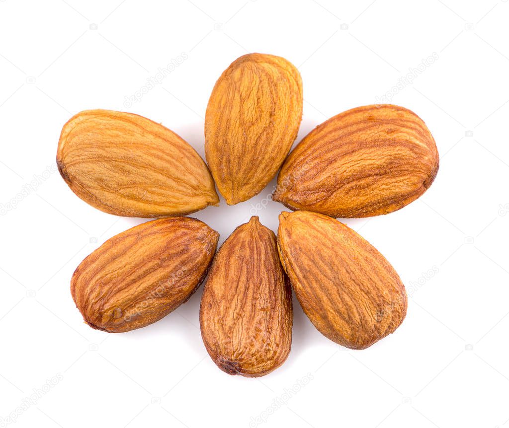 Almonds an isolated on white background, top view