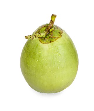 Yeşil hindistan cevizi ve beyaz arka planda izole edilmiş su damlaları.