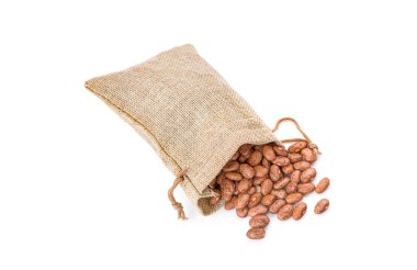 Torba bezindeki Pinto fasulyesi. Beyaz arka planda izole edilmiş.