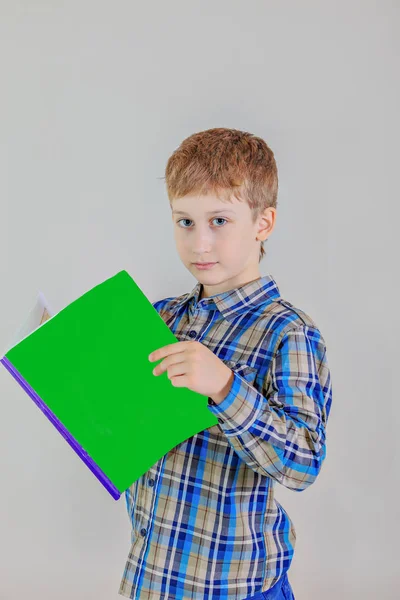 Porträt Eines Niedlichen Kaukasischen Jungen Grundschüler Mit Buch Auf Grauem — Stockfoto