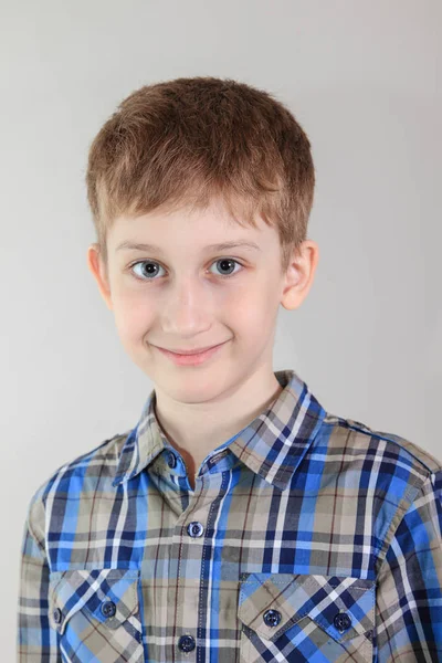 Portrait Cute Caucasian Boy Elementary School Student Grey Background Child — Stock Photo, Image