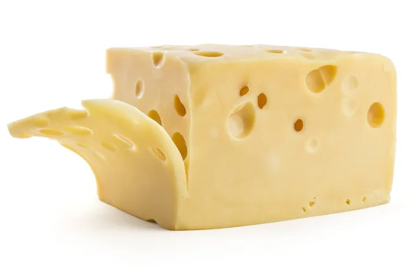 Kaas Gesneden Verse Emmentaler Witte Achtergrond Koe — Stockfoto