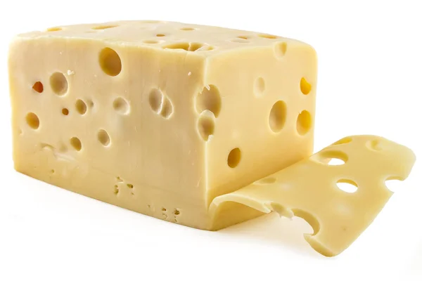 Kaas Gesneden Verse Emmentaler Witte Achtergrond Koe — Stockfoto