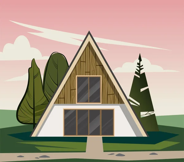 Casa triangular de madera con grandes ventanales. casa acogedora de madera. casa rústica y confortable. Gráficos vectoriales — Vector de stock
