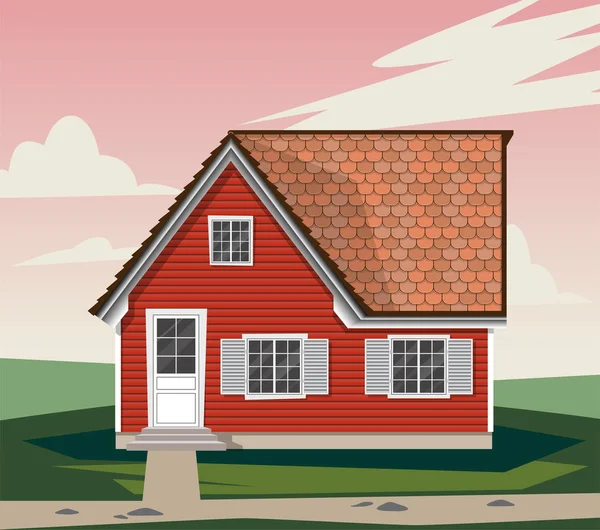 Belle maison rouge avec fenêtres blanches. volets roulants, fenêtres en bois, maison confortable en bois. Une maison à la campagne. Graphiques vectoriels — Image vectorielle