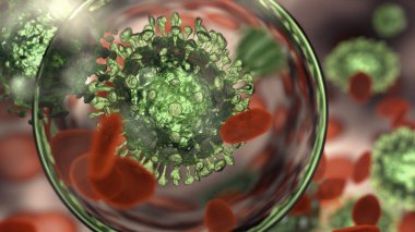 Virus under a microscope with red blood cells - 3d render