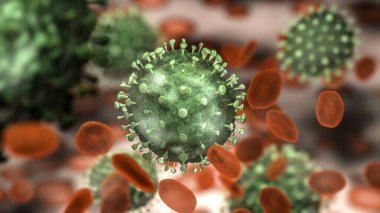 Virus under a microscope with red blood cells - 3d render