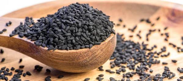Семена Черного Тмина Натуральный Антиоксидант Крупный План Дизайн Баннера Стоковое Фото