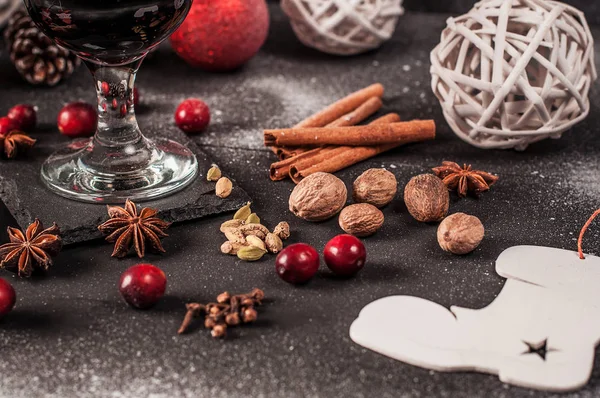 Christmas New Year Cinnamon Close Black Background Herringbone Cranberries Anise — Stock Photo, Image