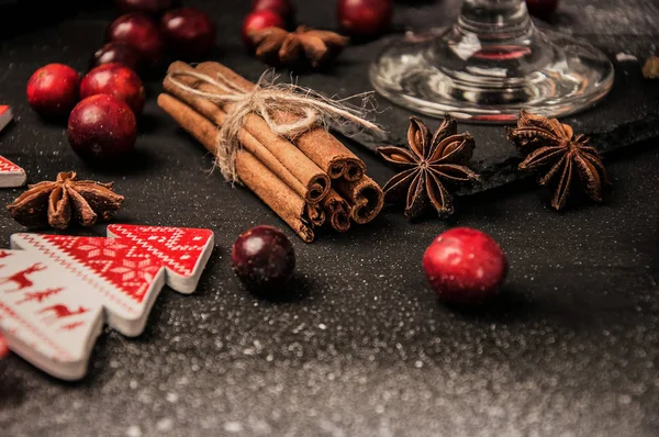 Christmas New Year Cinnamon Close Black Background Herringbone Cranberries Anise — Stock Photo, Image