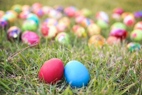 Huevos de gallina de Pascua rojos y azules en la hierba — Foto de Stock