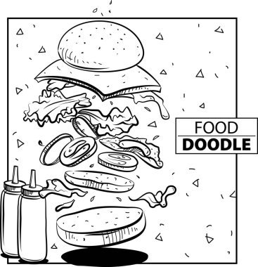 Burger jumping Doodle Food. Siyah ve beyaz. freehand