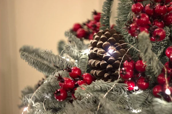 Christmas decoration of cones, berries and garlands. — Stock Photo, Image