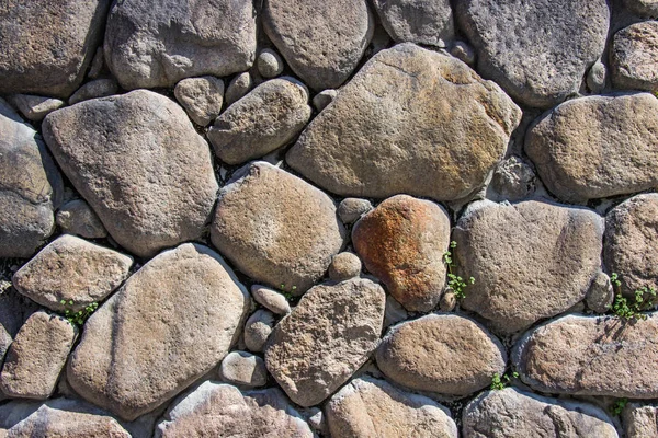 Textura de la antigua pared de piedra apilada tiene hierba a lo largo de la roca . —  Fotos de Stock