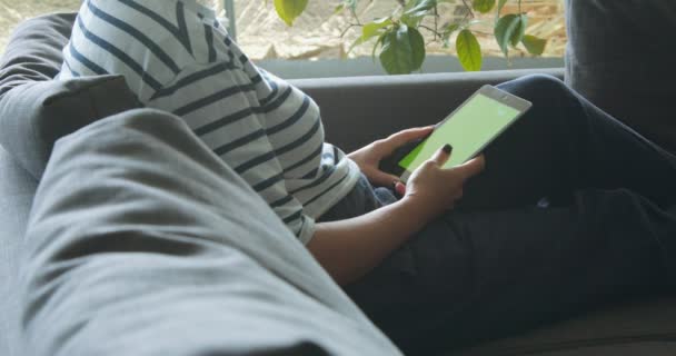 Mujer con una tableta en un primer plano sofá — Vídeo de stock