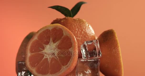 Composição de tangerinas frescas com cubos de gelo — Vídeo de Stock