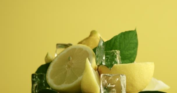 Sammansättningen av citroner, löv och isbitar. Omfattas av vattendroppar. Ny sommar frukt sammansättning — Stockvideo