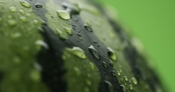 Arbuz pokryty przez krople wody obrotowa na zielonym tle — Wideo stockowe