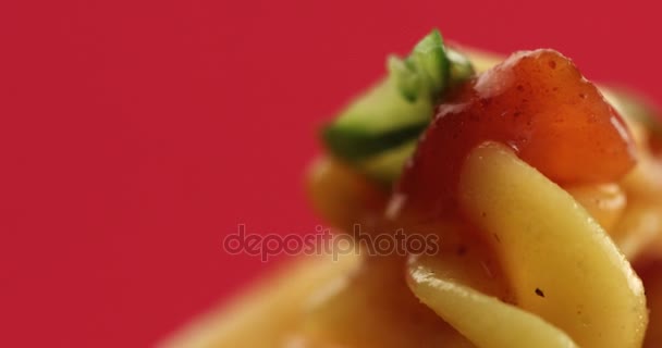 Макароны с макаронами на вилке крупным планом — стоковое видео