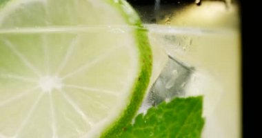 kokteyl closeup. Mojito, tonik su nane ve limon ve kireç ve buz küpleri ile