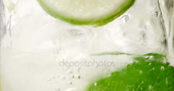 Close-up van coctail. Mojito, tonik water met munt en citroen en limoen en ijsblokjes — Stockvideo
