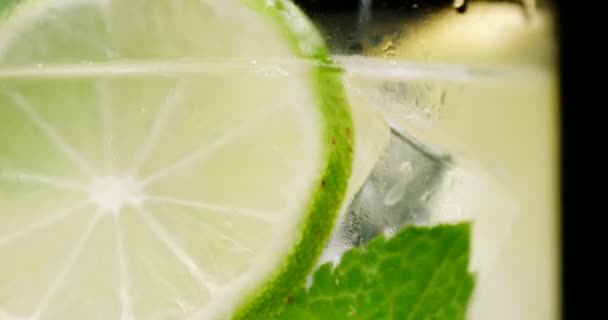 Closeup of coctail. Mojito, tonik water with mint and lemon and lime and ice cubes — Stock Video