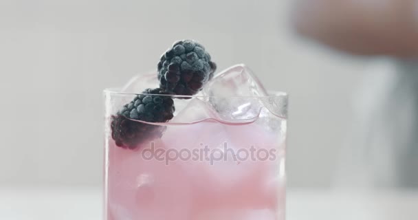 Barista mettre tube à boisson à un cocktail rose avec des mûres — Video