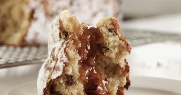 Fechar o bolo de brioche. textura de bolo com passas . — Vídeo de Stock