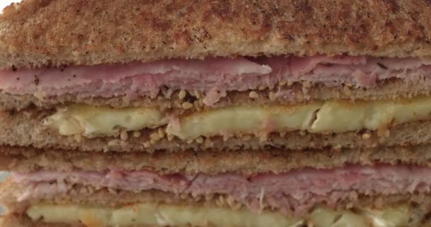 Herstellung eines handwerklichen Schinken-Käse-Sandwich — Stockvideo