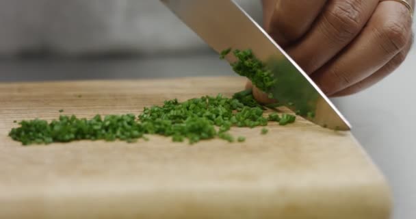 Corte de cebolinha em uma tábua de madeira, de perto — Vídeo de Stock