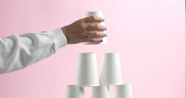 Tower made of white paper cups — Stock Photo, Image