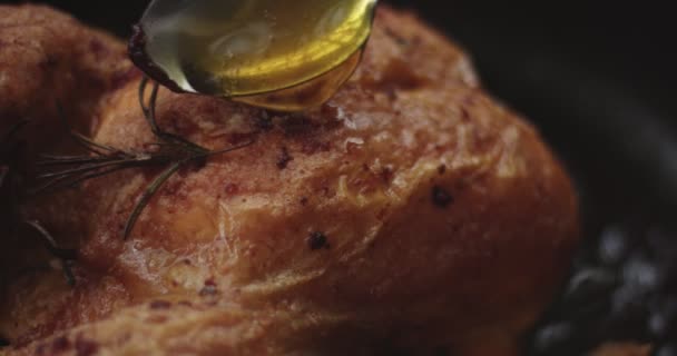 Asando pollo asado con aceite y jugos — Vídeo de stock
