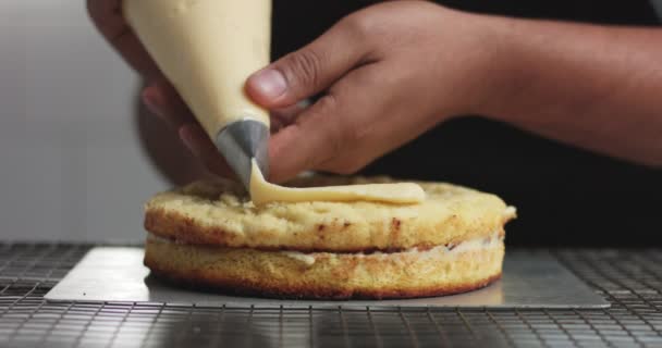 在蛋糕里加奶油和水果 — 图库视频影像