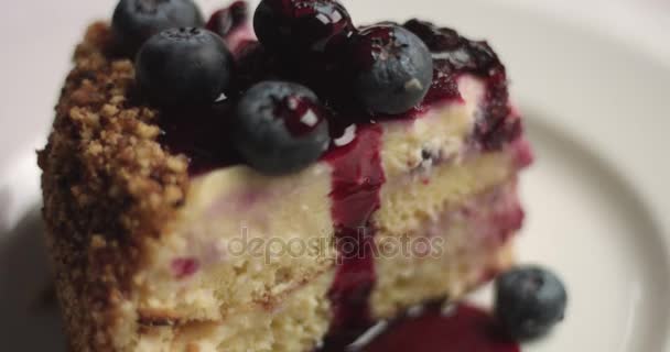 Tagliare e servire torta fatta in casa con crema alla vaniglia e mirtilli — Video Stock