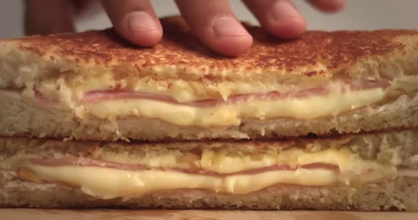 Gros plan de délicieux sandwich fait à la main avec jambon et fromage — Video