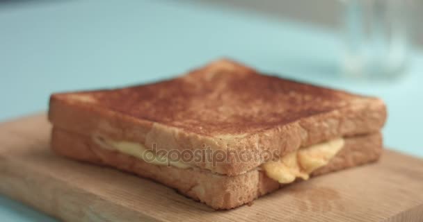 Jambon ve peynir ile el yapımı lezzetli sandviç closeup — Stok video