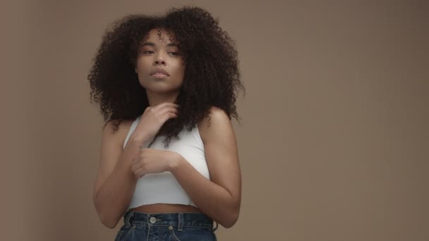 Blandad ras svart kvinna porträtt med stora afrohår, lockigt hår — Stockvideo