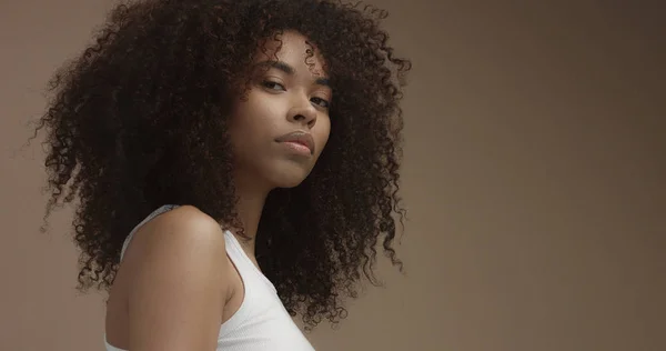 Retrato de mujer negra de raza mixta con gran pelo afro, pelo rizado —  Fotos de Stock