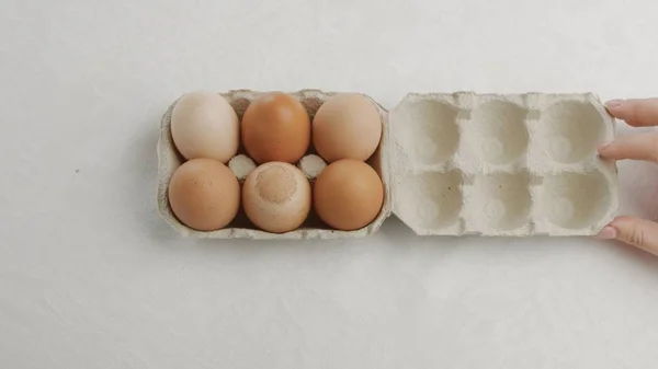 Dames hand openen een eggbox — Stockfoto