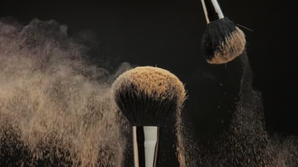 Close up de escova preta com um pó facial nele — Vídeo de Stock
