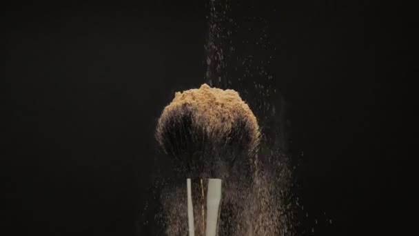 Primer plano del cepillo negro con un polvo facial en él — Vídeos de Stock