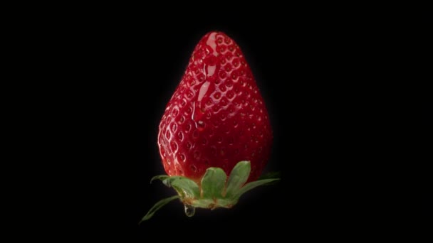Fresh strawberry on black background and a transparent drop pouring on it — Stock Video
