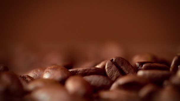 Macro of coffee beans slowmotion falling — Stock Video